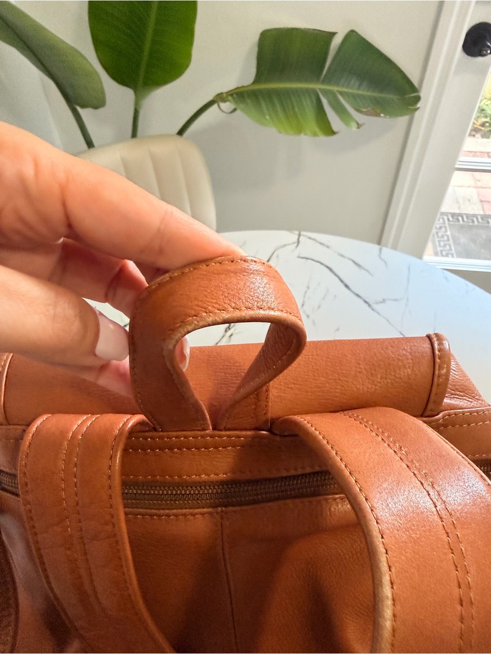 Minimal Tan Leather Drawstring Backpack - Picture 6 of 7